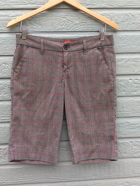 Dickies Women's Grey Plaid Flat-Front Shorts with Red And Tan Accents